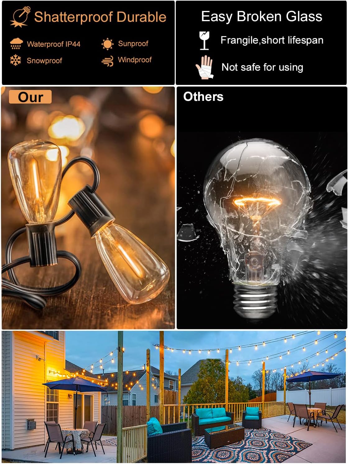 DAMAING Outdoor String Lights Weatherproof 400FT shatterproof connectable Patio Lights for Outside 4 Pack x 100FT with 208 Vintage dimmable LED Edison Bulbs,Hanging Lights for Garden,Balcony