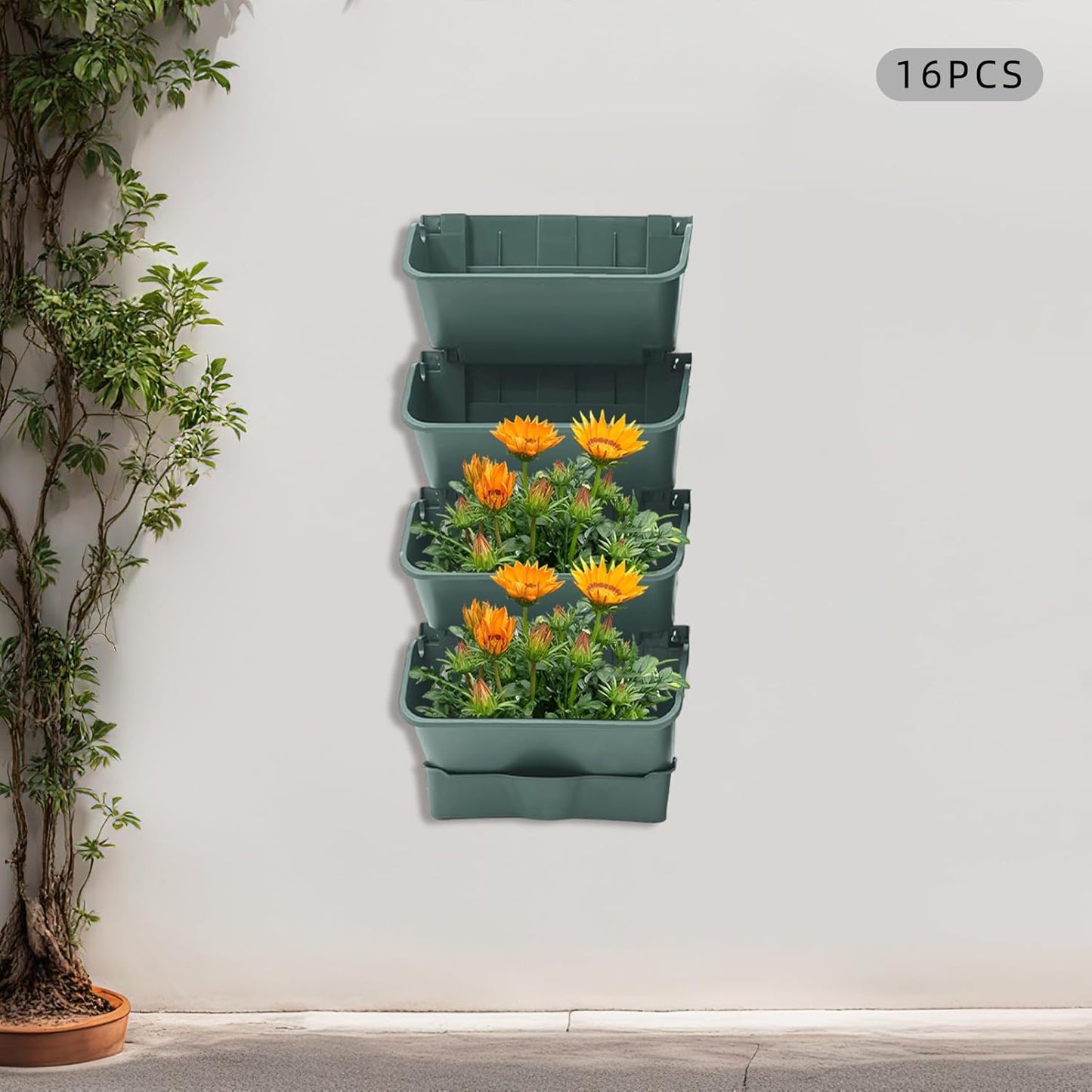 Vertical Wall Planter with 16 Pots, Hanging Garden Plant Flowerpot Holder, Stackable Wall-Mounted Planter, Balcony Planters for Flowers Vegetables Fruits (Army Green, 16 Pots+4 Drainage Planters&Pipe)