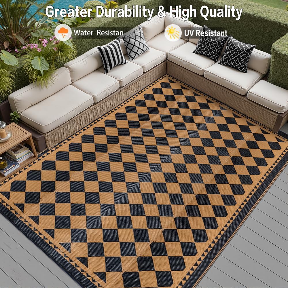Outdoor Waterproof Rug 8'x10' Plastic Straw Rugs Washable Reversible Floor Mat Brown Plaid Carpet for Camping RV Deck Entryance Porch Picnic Balcony Beach Backyard