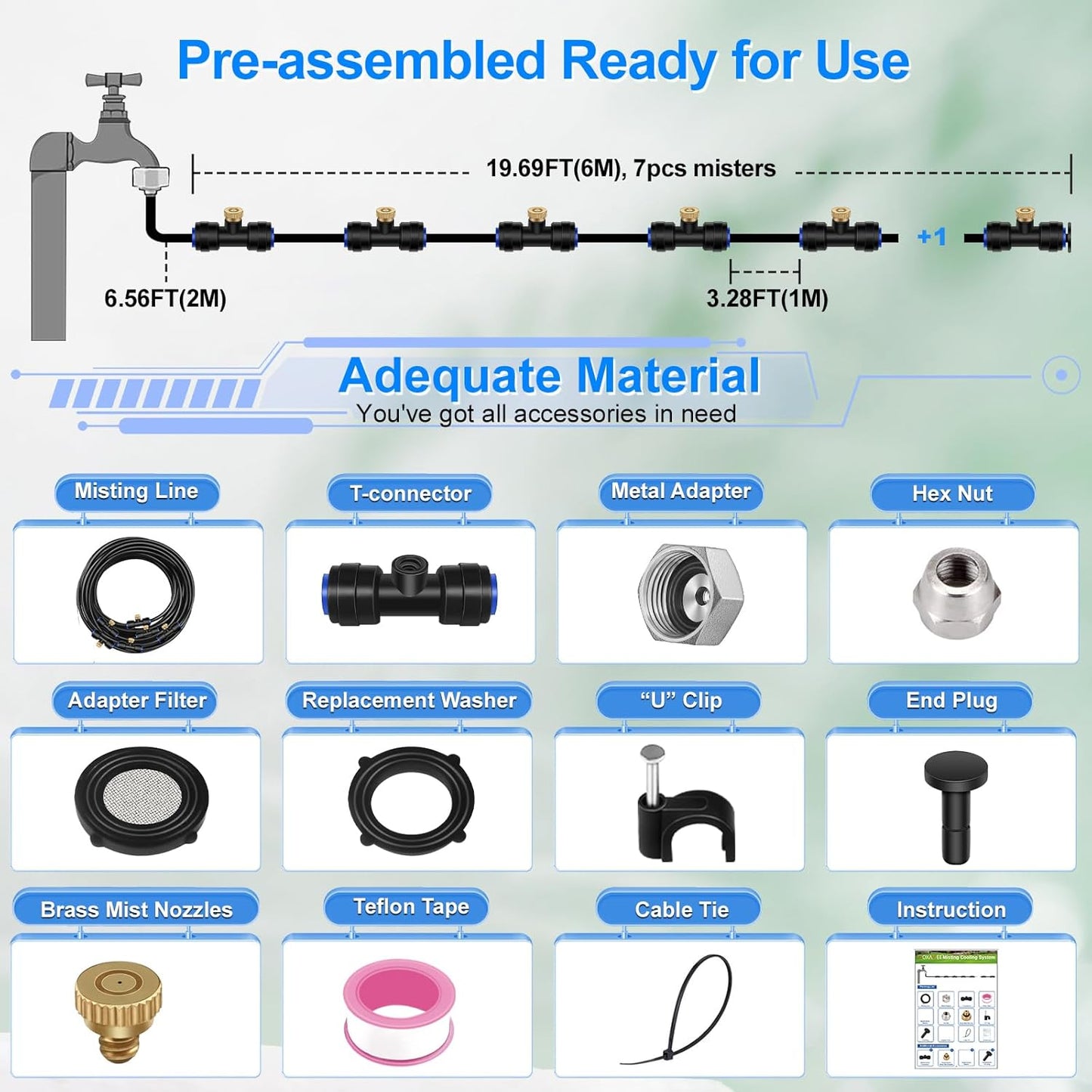 GOXAWEE Misting System, 26FT (8M) Misting Line + 7 Brass Mist Nozzles + Brass Adapter(3/4"), Misters for Outside Patio Cooling Outdoor Garden Greenhouse Trampoline for Waterpark
