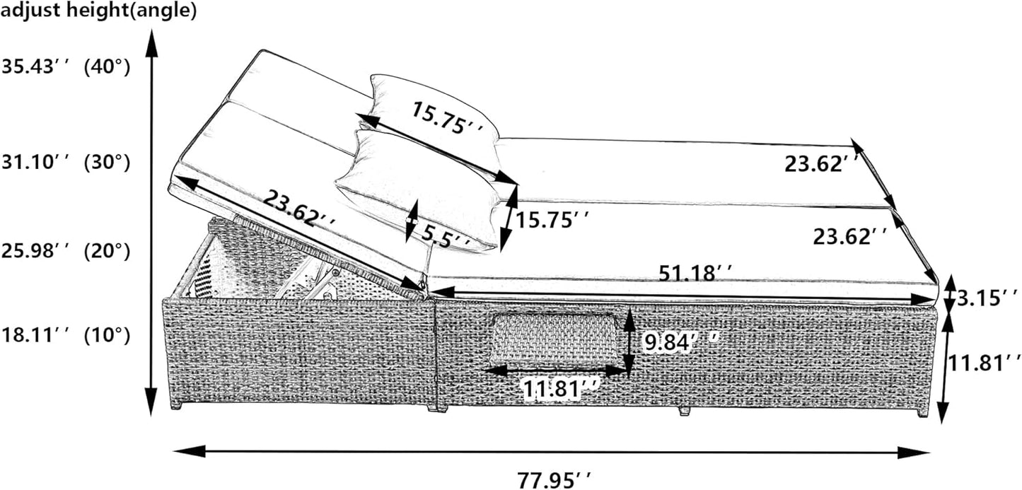 kevinplus Outdoor Daybed Patio Sunbed, Wicker Rattan Patio Reclining Chairs with Adjustable Backrest and Seat & Foldable Cupholder for Garden Poolside Balcony, Gray