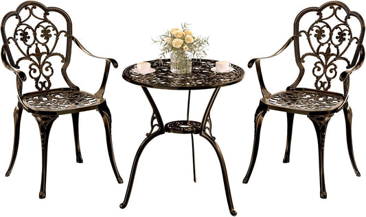 Patio Bistro Set of 2, Cast Aluminum, Outdoor Set w/Umbrella Hole, 3 Piece Table and Chairs Set, Bistro Set for Backyard/Garden/Lawn, Bronze