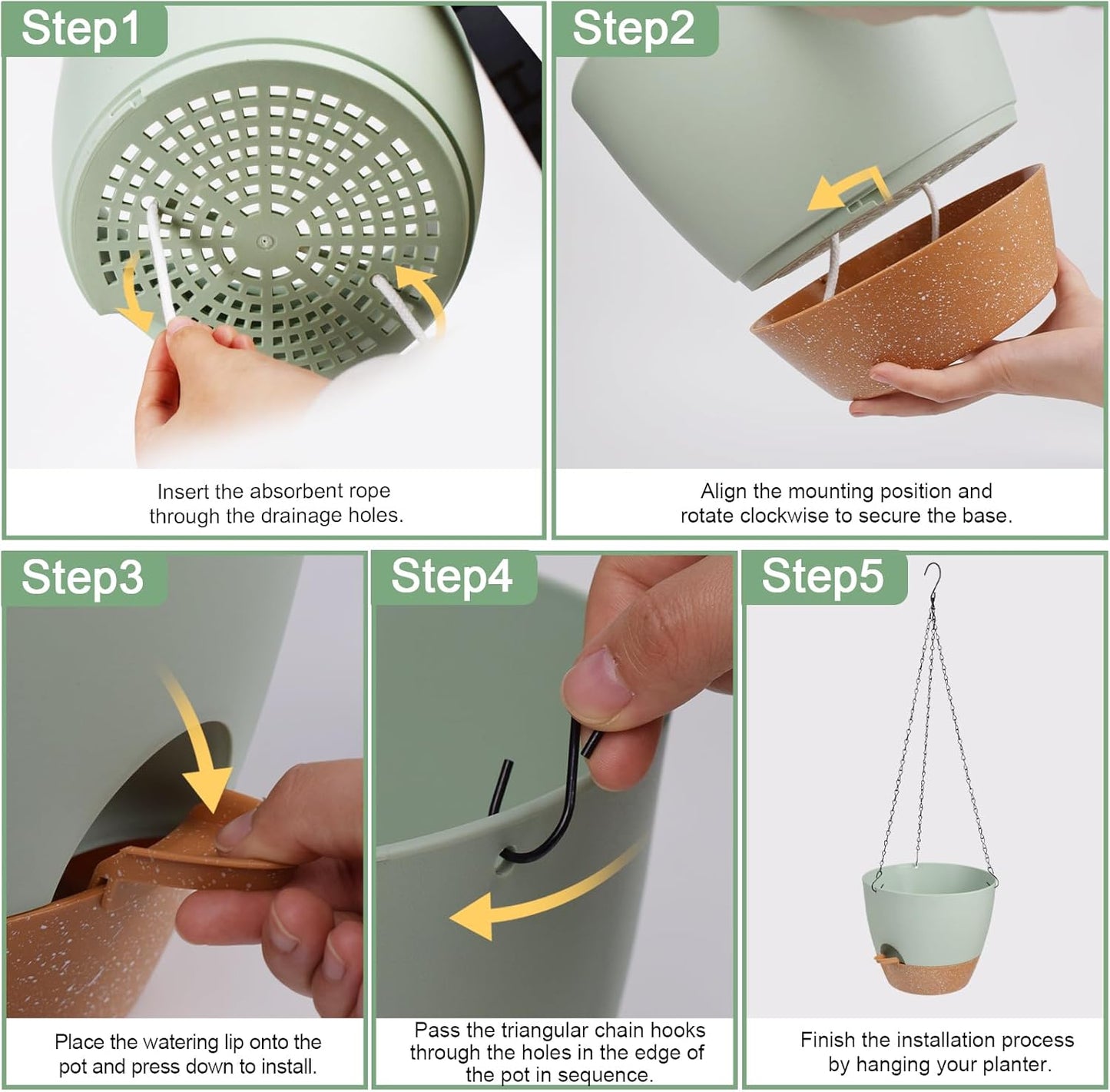 10/9/8 Inch Hanging Planter for Indoor Outdoor Plants, 3 Pack Self-Watering Hanging Pot with Drainage Holes Hanging Planter Baskets Plant Pots with Removable Tray (Green+Brown)