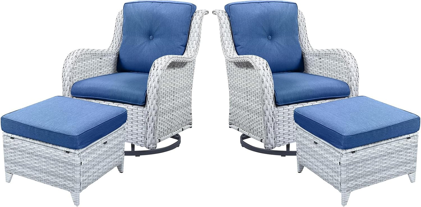 4 Pieces Patio Furniture Sets, Wicker Patio Swivel Glider Chair with Ottomans, Outdoor Furniture Set for Outside Porch Deck Balcony, Light Grey