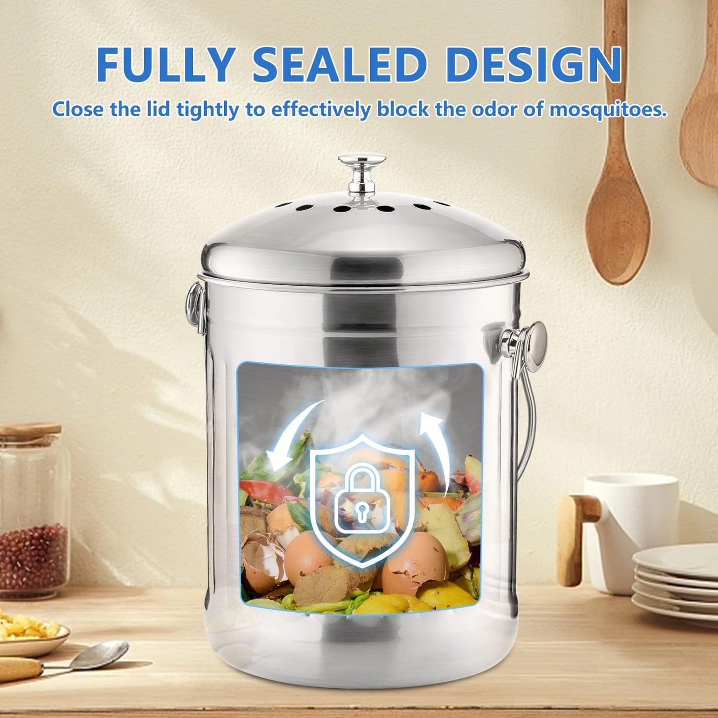 ENLOY Compost Bin for Kitchen Countertop, 1.3 Gallon Stainless Steel Indoor Compost Bucket for Kitchen Countertop Odorless Compost Pail for Kitchen Food Waste with Carrying Handle Easy to Clean