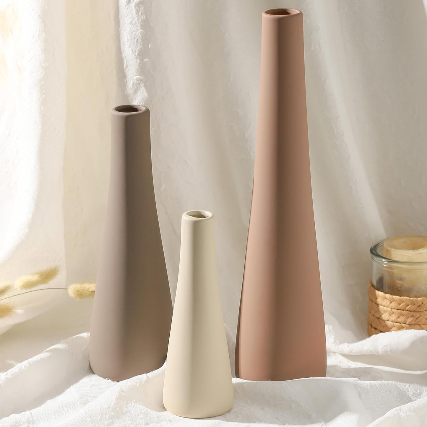 Ceramic Vase Set of 3, Modern Farmhouse Vases Home Decor Neutral Pottery Vase Pampas Grass Flower Vases for Home Decoration Room Decor Table Entryway Living Room Centerpieces Mantel Decor - Brown