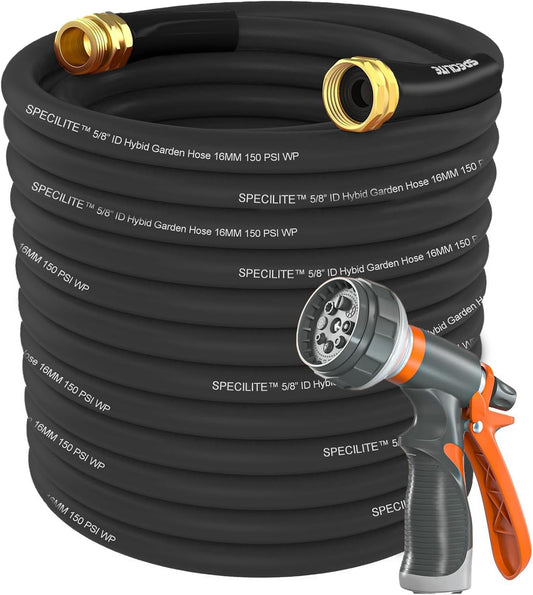 Garden Water Hose 150 ft x 5/8 in Heavy Duty, Flexible and Lightweight, Burst 600 psi, Kink-less Hybrid Rubber Pipe for Backyard, 3/4'' Brass Fittings, Black