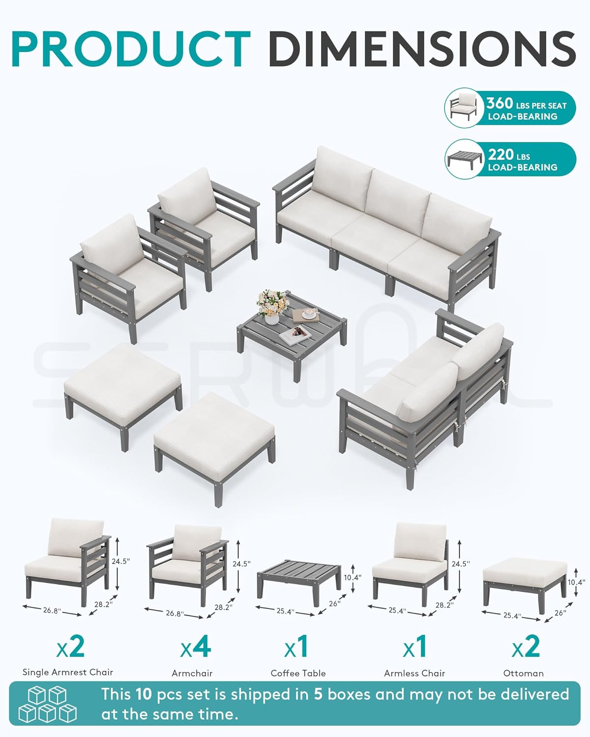 SERWALL HDPE Patio Furniture Set, 10 Pieces Outdoor Sectional Sofa Set, All-Weather Wood-Like Outdoor Sofa Couch with Coffee Table for Deck, Lawn, Grey Frame with Khaki Cushion