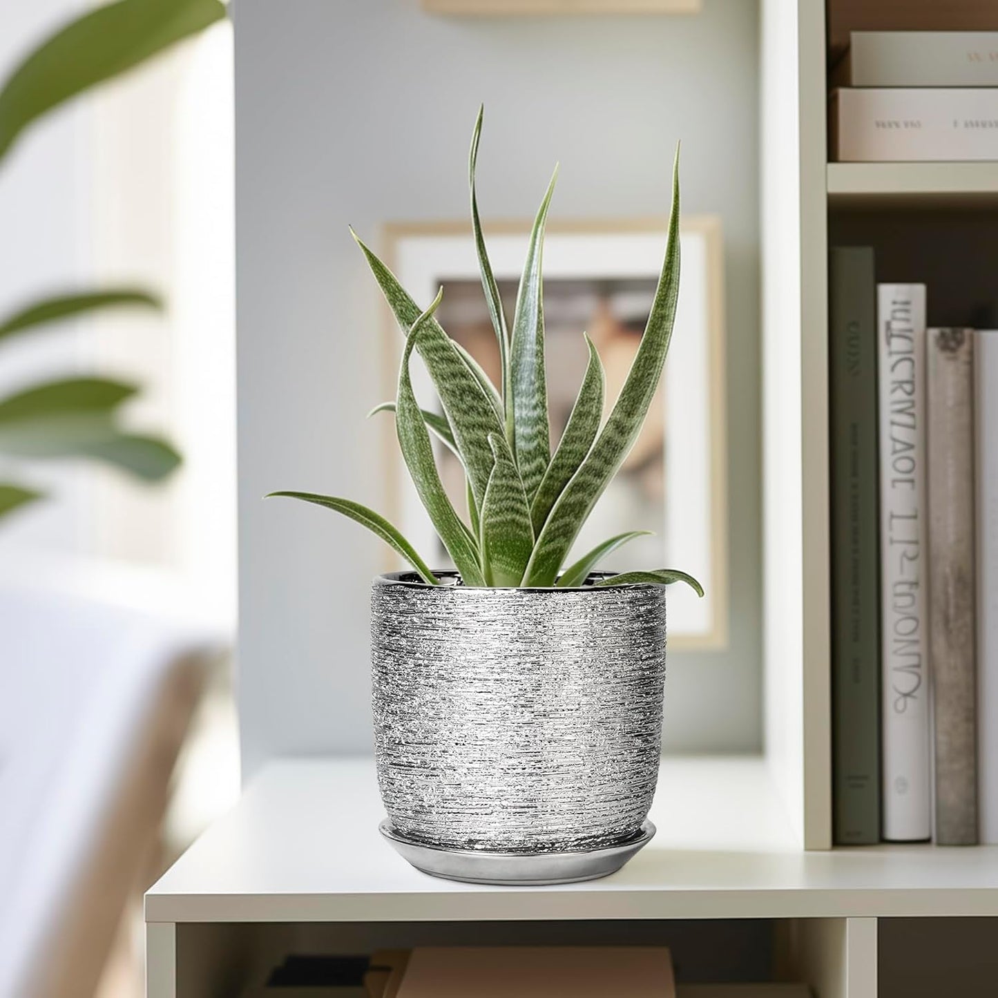 Ceramic Plant Pot 5 Inch - Indoor Planter with Drainage Hole and Saucer, Round Modern Flower Pot for Succulent Plants, Housewarming Gifts, Office Home Desk Decor, Silver