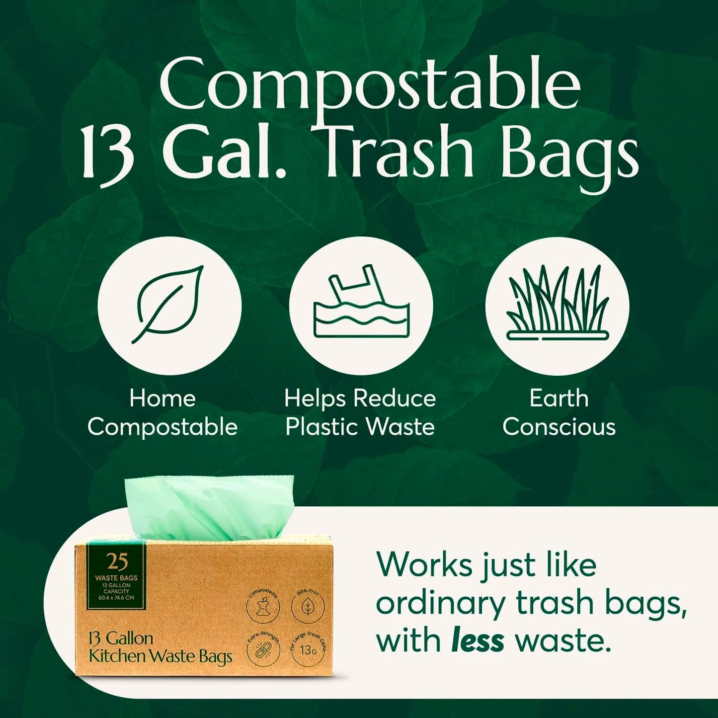 Cleanomic Compostable* Trash Bags with Drawstring (13 Gallon, 25 Units, Tall), BPI Certified For Kitchen Compost