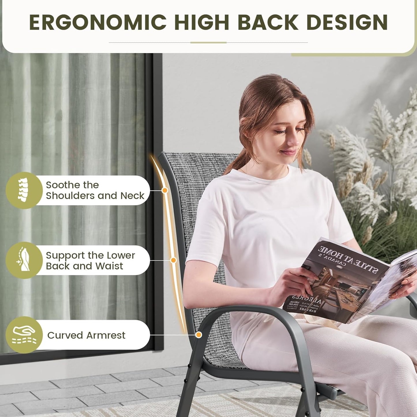 UDPATIO Patio Chairs Set of 4, Stackable Outdoor Dining Chairs with High Back, Breathable Textilene Fabric Outdoor Chair All Weather, 350LBS Capacity for Garden, Backyard (Dark Grey)