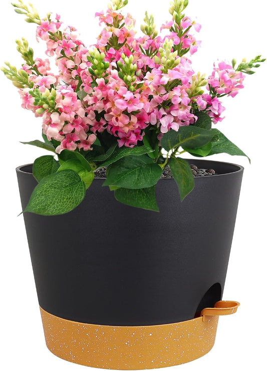 12 inch Large Self Watering Pots, Plant Pots with Mesh Drainage Holes for Indoor Outdoor Plants, Plastic Planters with Deep Reservoir for Garden House Flower Plants, Black with Brown