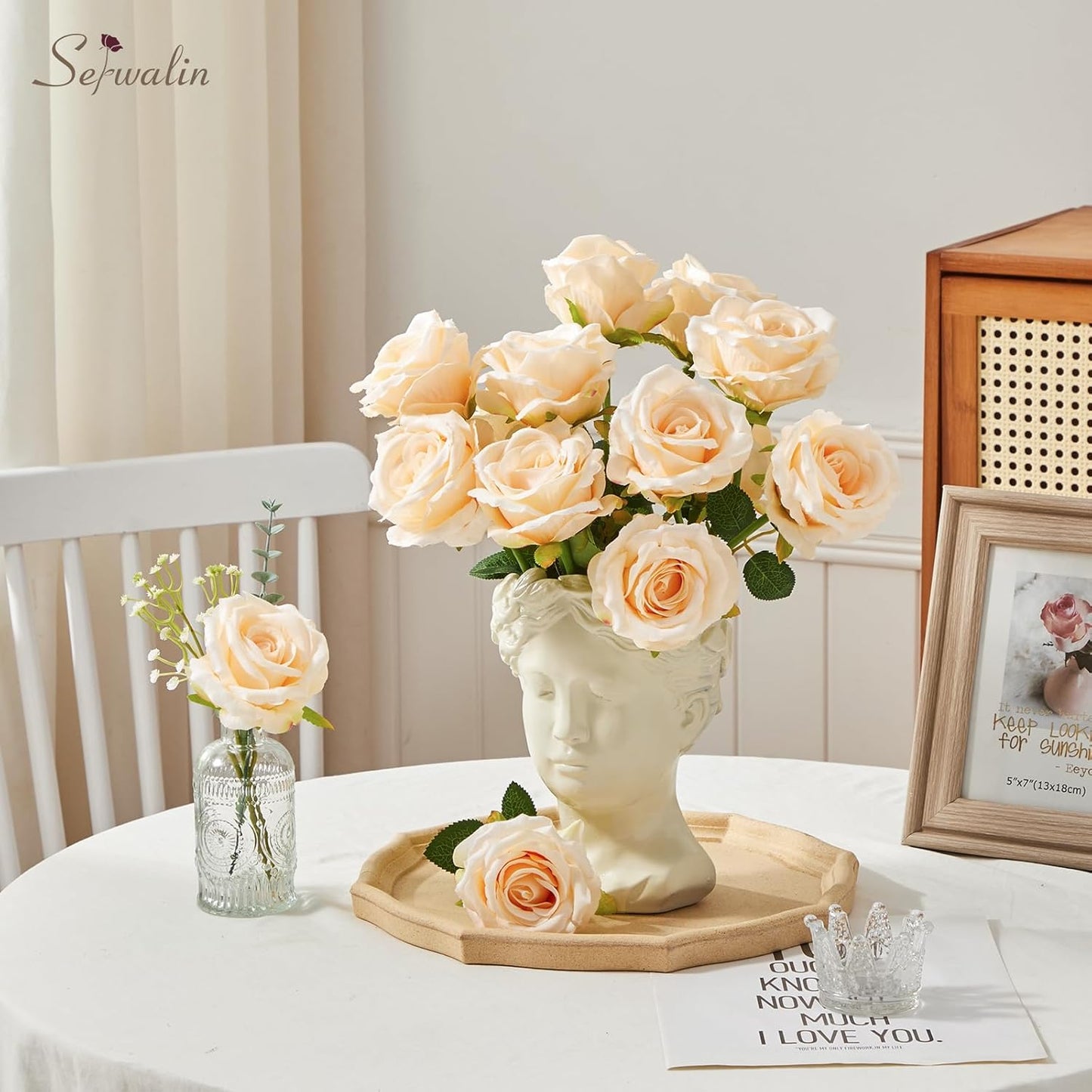 Serwalin 20pcs Artificial Roses, 4'' Big Flower Head, Champagne Velvet Silk Roses, Fake Roses Long Stem Realistic Bouquet for Wedding Table Centerpiece