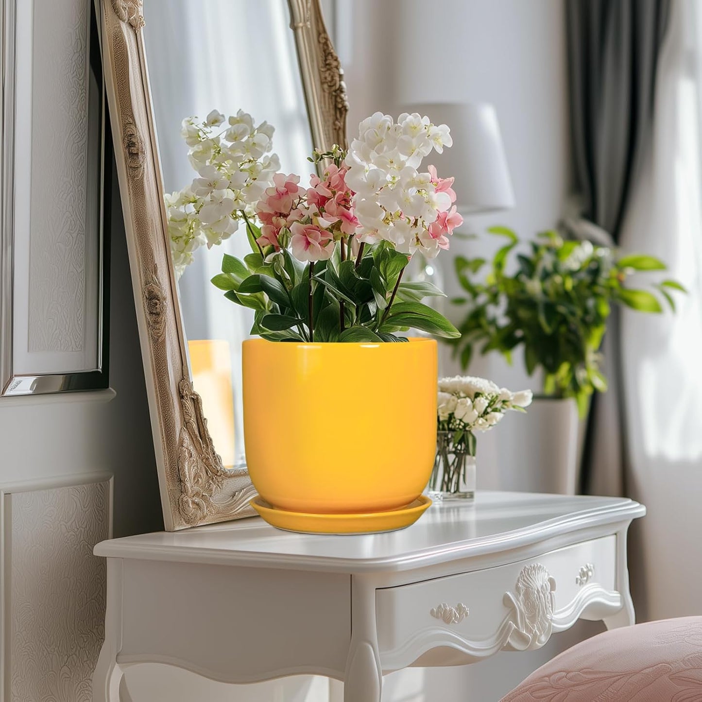 Ceramic Plant Pot 8 Inch - Decorative Modern Round Indoor Planter for Plants Flowers with Drainage Hole and Saucer, House Desk Office Home Decor, Yellow