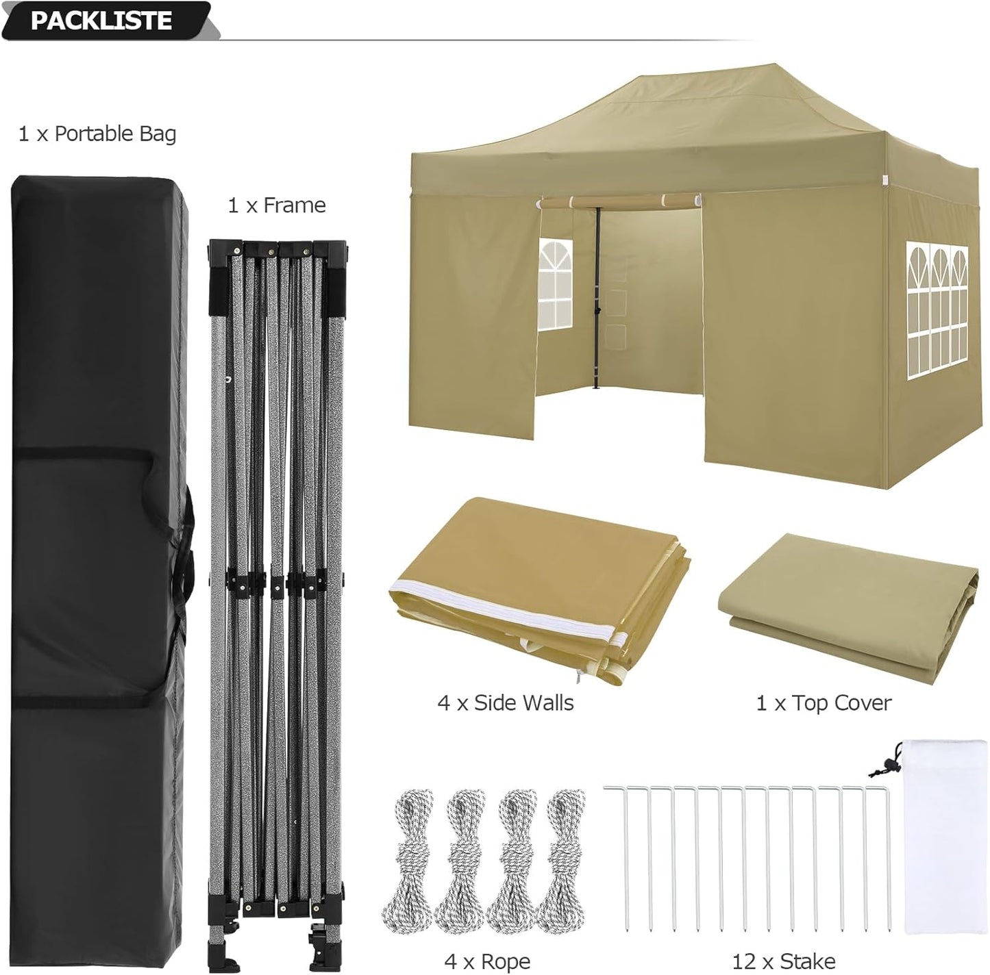 COBIZI 10x15 Heavy Duty Pop up Canopy Tent with 4 sidewalls Commercial Outdoor Canopy Wedding Party Tents for Wedding All Season Wind & Waterproof Gazebo with Carry Bag, Khaki(Frame Thickened)