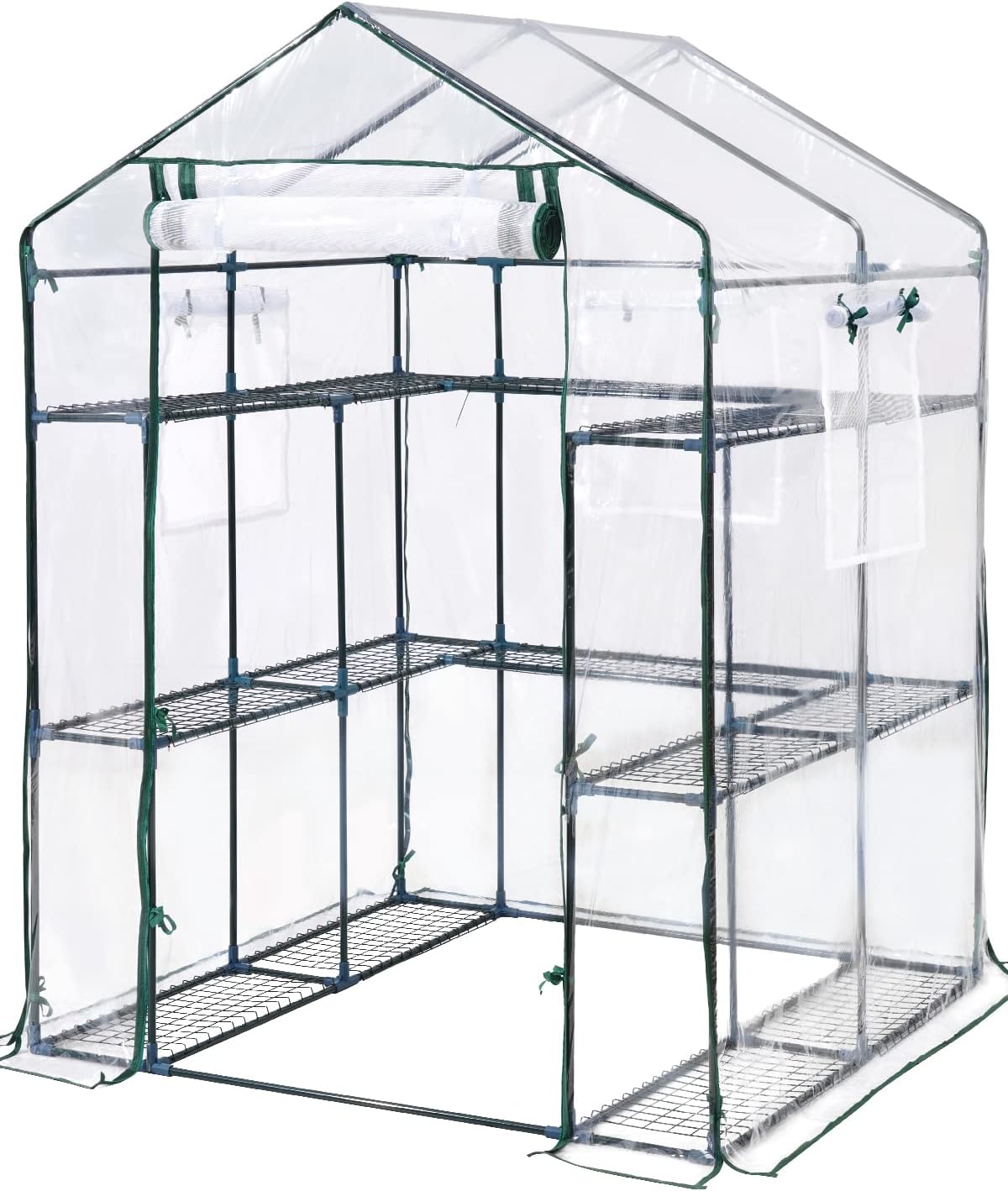 KING BIRD Premium Greenhouse for Outdoors, 56 x 56 x 77 Upgraded PVC Cover & Steel Frame Walk in Hot House, w/ Zippered Screen Windows Mesh Door, 3 Tiers 14 Shelves for Outside Garden, Clear