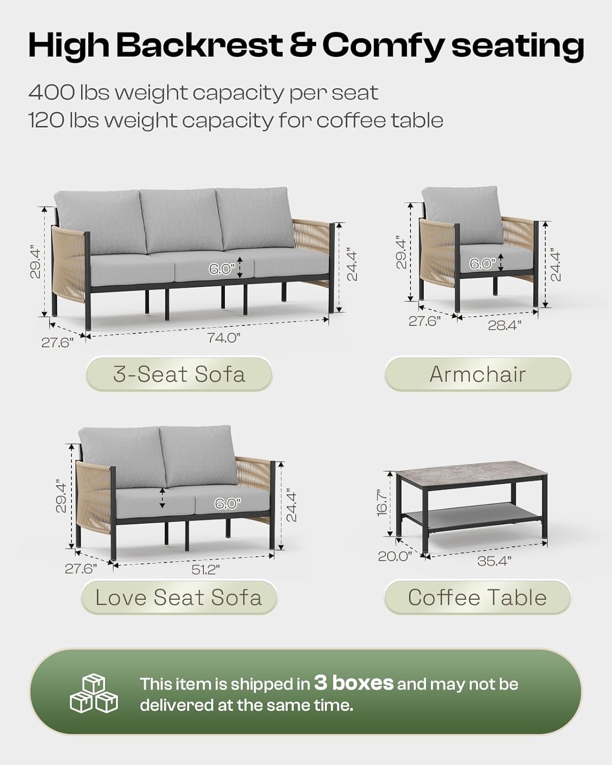 Aluminum Outdoor Patio Furniture Set, HDPE Rope 4 Piece Modern Sectional Conversation Sets with Dual-Layer Coffee Table, All Weather Patio Couch Sofa with Thick Cushions, Gray Frame, Gray