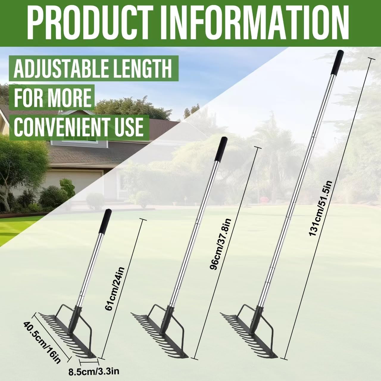 15 Inch Wide Bow Rake, 16 Steel Tines Metal Head Rake Tool with Stainless Steel Handle, Adjustable Long Handle Garden Rake for Loosening Soil Leveling Mulch Gathering Lawns Leaves