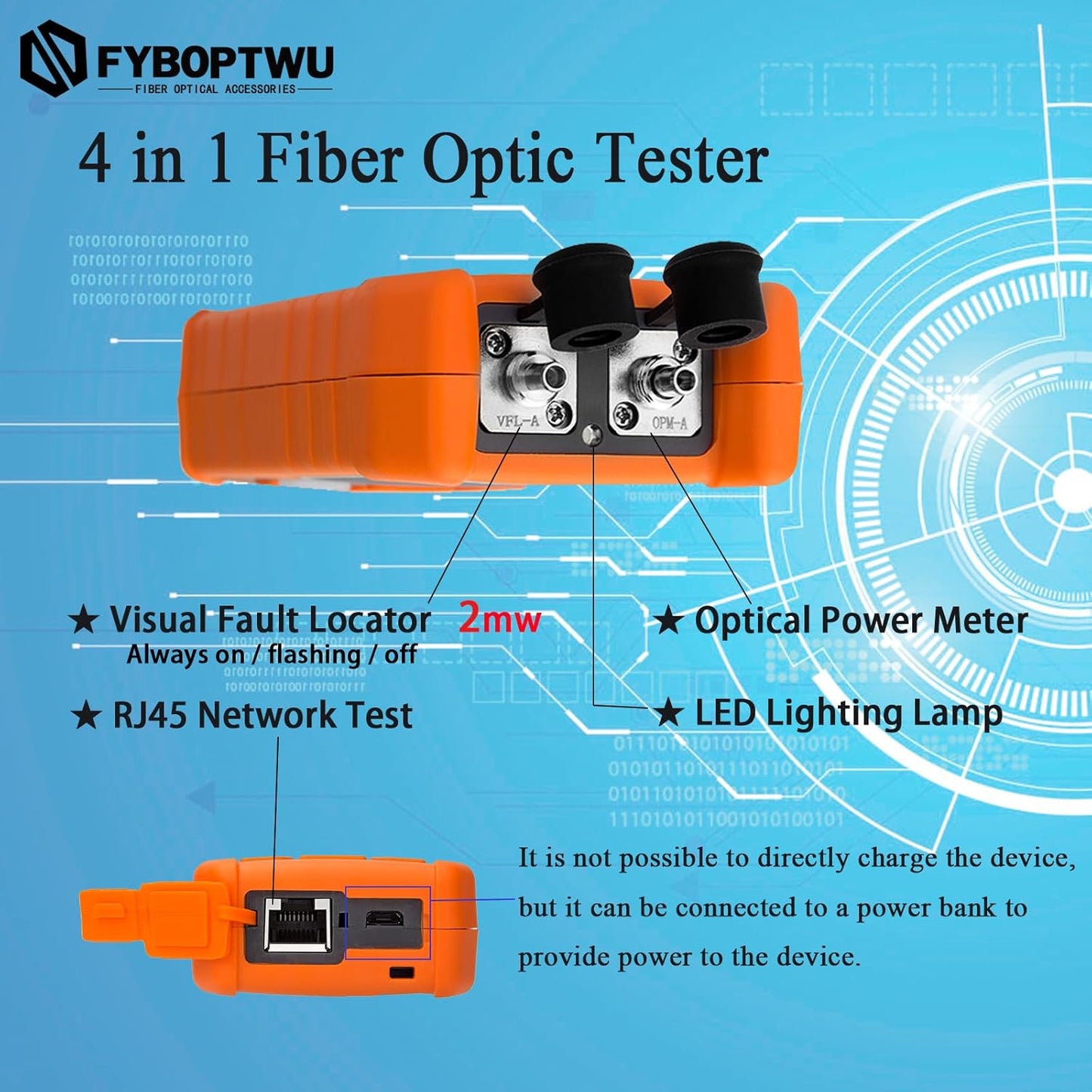4 in 1 Function Fiber Optic Tester Portable Optical Power Meter (FC/SC/ST) & VFL 2mw Visual Fault Locator & LED, OPM & VF, Range: (-50) dBm ~ (+26) dBm, 1pc