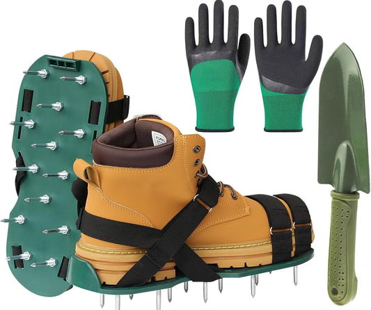 Aerator Shoes for Lawn, Long Spike Shoes for Self Levelling Floor with Hook & Loop Straps, Including Stainless Steel Shovel and Work Gloves, Spiked Aerating Sandals for Yard Patio Garden Grass Lawn