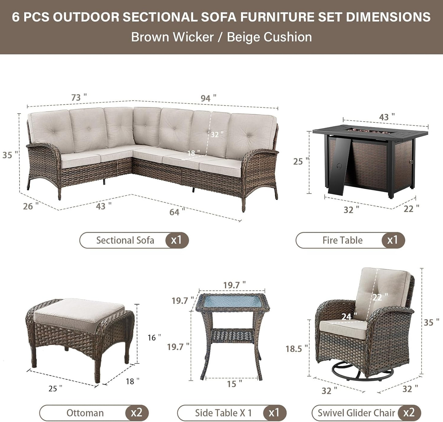 8 Pieces Patio Conversation Set with 43” Propane Fire Pit Table, Outdoor Sectional Furniture Sofa Set with Removable Cushions for Patio Deck Backyard Brown