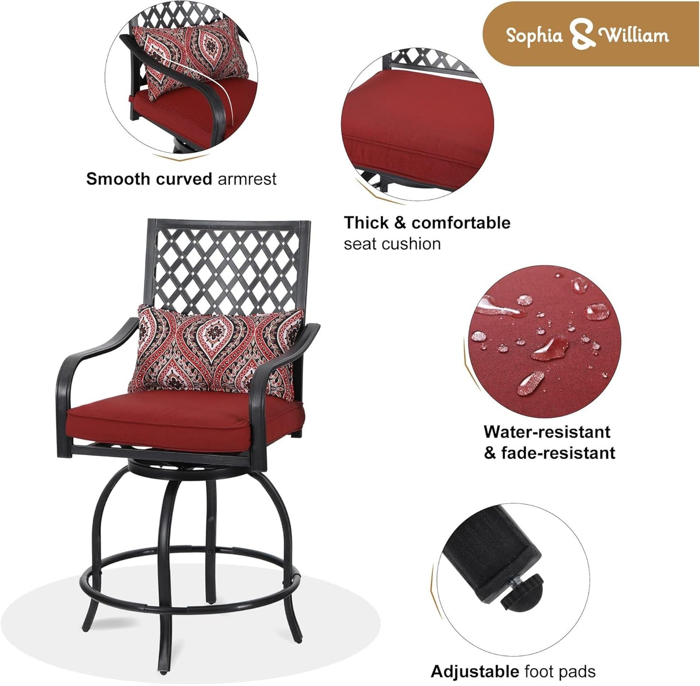 Sophia & William Outdoor Patio Bar Set 5 Piece High Dining Table and Chairs Furniture Set-4 Swivel Bar Stools with Red Cushion and 1 Square Bar Height Table with Hand-Painted Metal Top