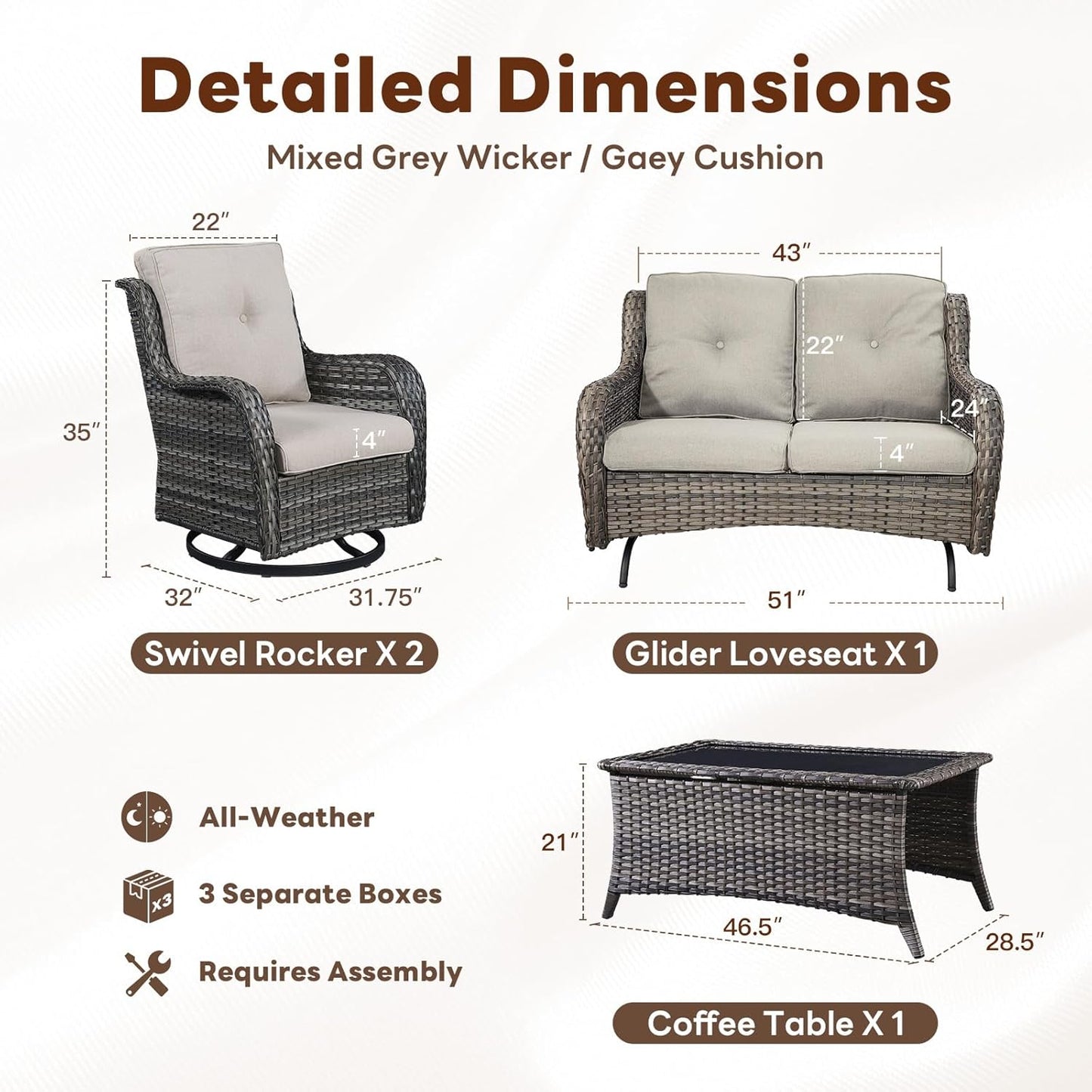 4 Piece Patio Furniture Set - Outdoor Glider Bench with Swivel Rocker Chairs and Coffee Table, High Back Small Outdoor Conversation Furniture Sets for Deck Sunroom Balcony Backyard