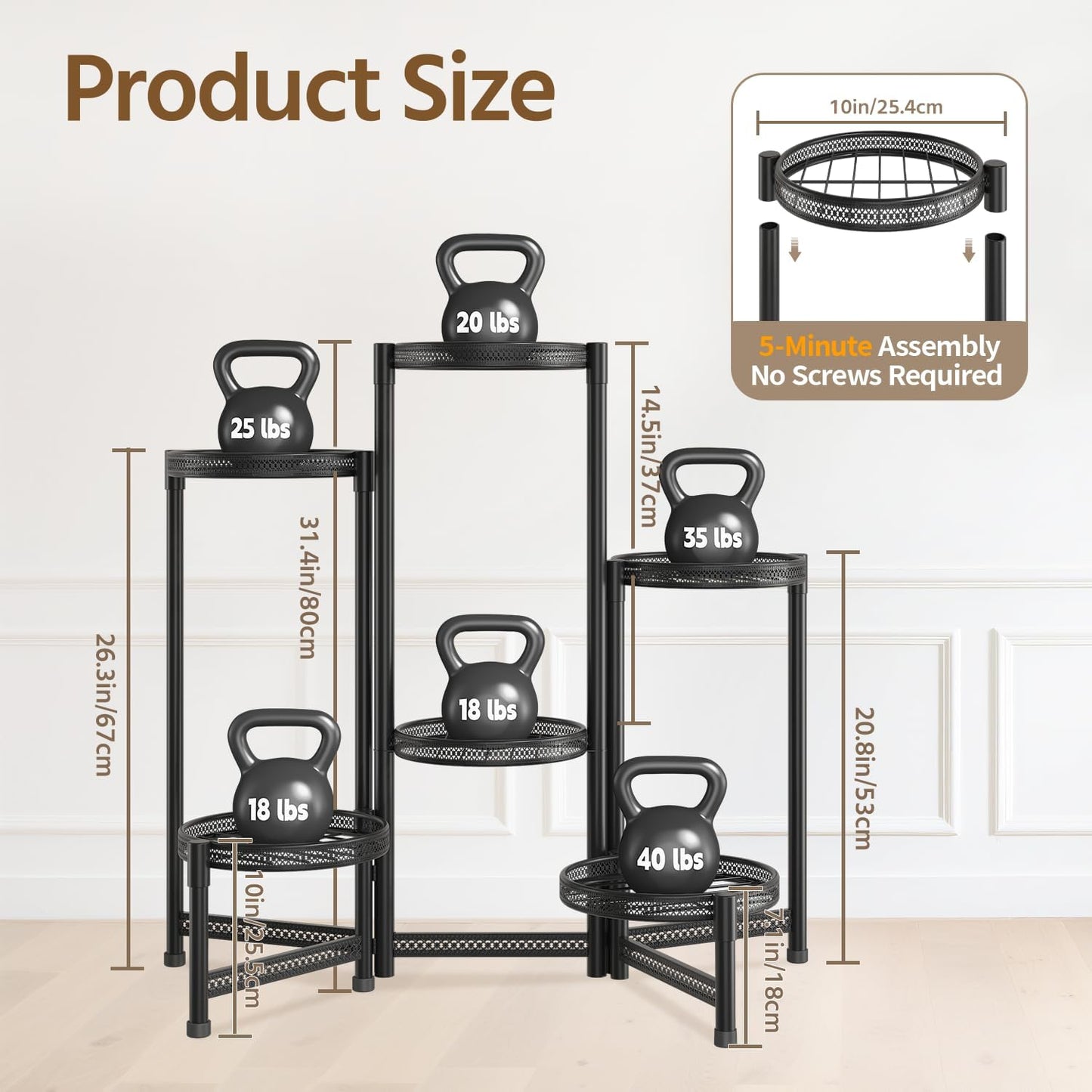 LASZOLA 6 Tiered Folding Tall Plant Stand for Indoor Outdoor Corner, Larger Heavy Duty Metal Adjustable Multiple Rack with 10 Inch Wide Hollow Tray, Flower Planter Holder for Modern House Patio, Black