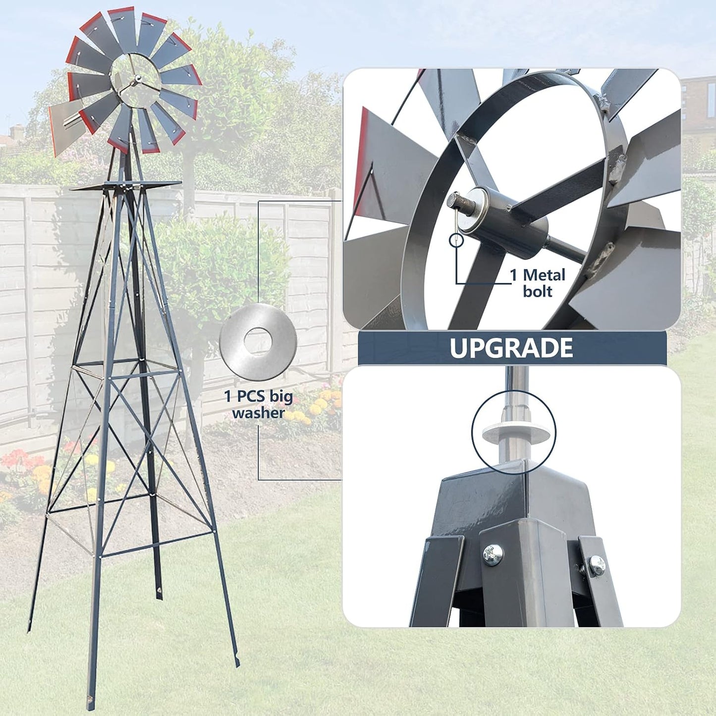 8ft Garden Windmill, Heavy Duty Durable Metal Weather Vane for Backyard, Ornamental Windmill for Yard Weather Resistant (Gray, 8FT)