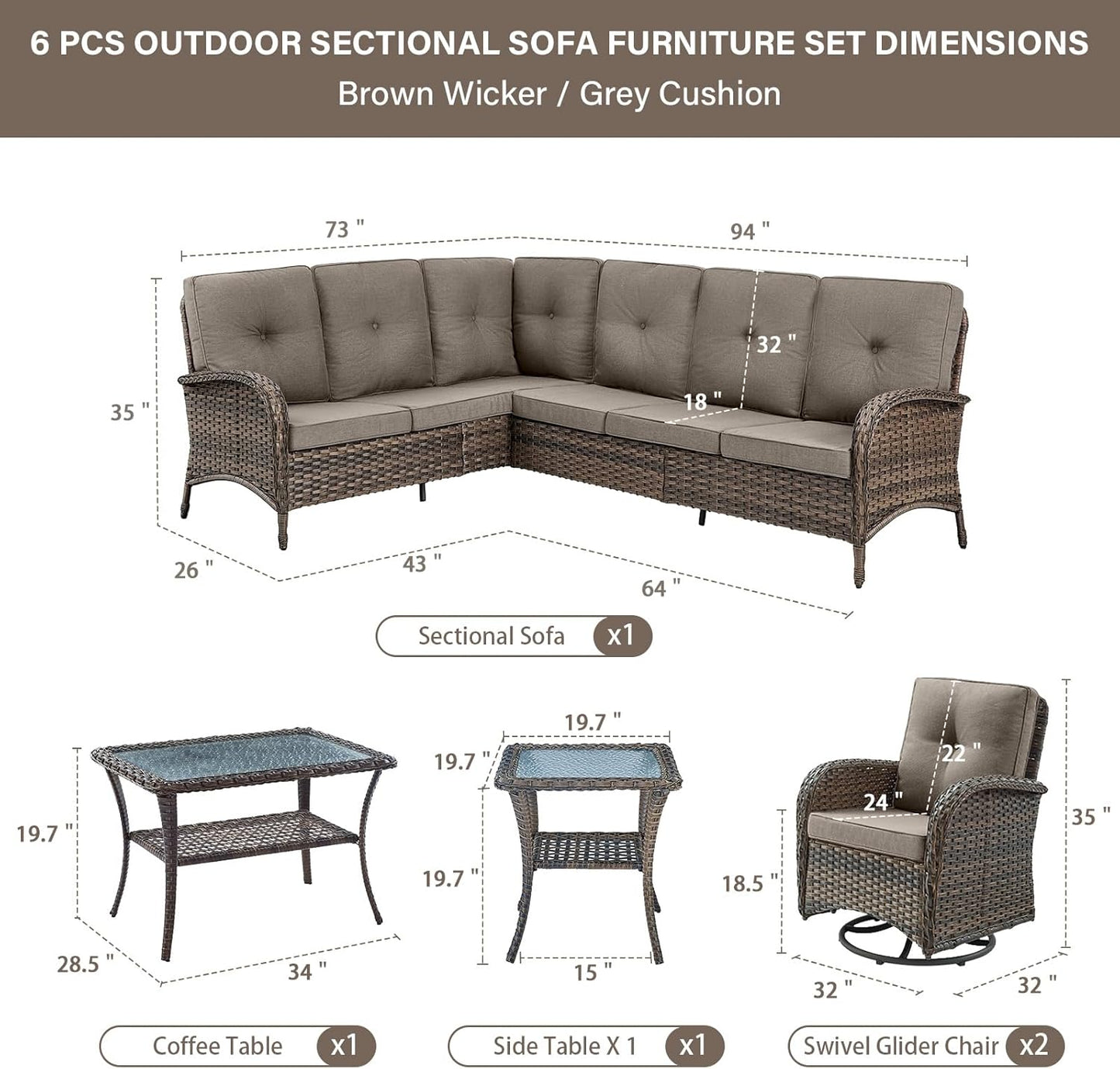 Outdoor Furniture Set - 6 Pieces Patio Conversation Sectional Sofa Set with Swivel Rocker Outdoor Chairs Set of 2 and Wicker Coffee Table for Deck Backyard Sunroom Brown