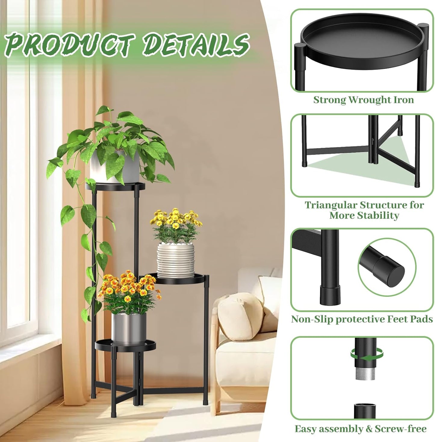 MOKANI Metal Plant Stand Indoor Outdoor for Multiple Plants, 3 Tiered Folding Corner Shelf Tall Flower Pot Holder Display Rack for Patio Living Room Balcony Garden, Black