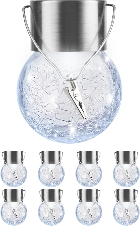 Solar Lights Outdoor Hanging Decorative Globe 8 Pack, Waterproof Solar Lantern with Handle and Clip, Solar Powered Glass Ball Lights for Garden Yard Fence Tree Umbrella Holiday Décor, Cold White