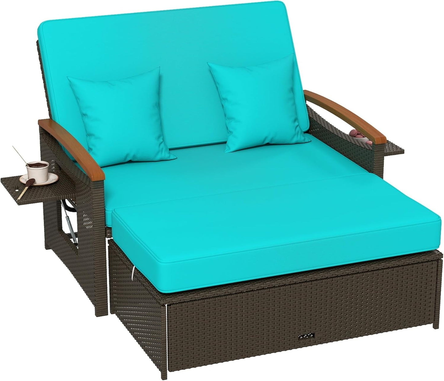 Tangkula Patio Rattan Daybed Set with Cushioned Loveseat and Storage Ottoman, Outdoor Double Chaise Lounger with 4-Level Adjustable Backrest and Retractable Side Trays for Backyard (Turquoise)