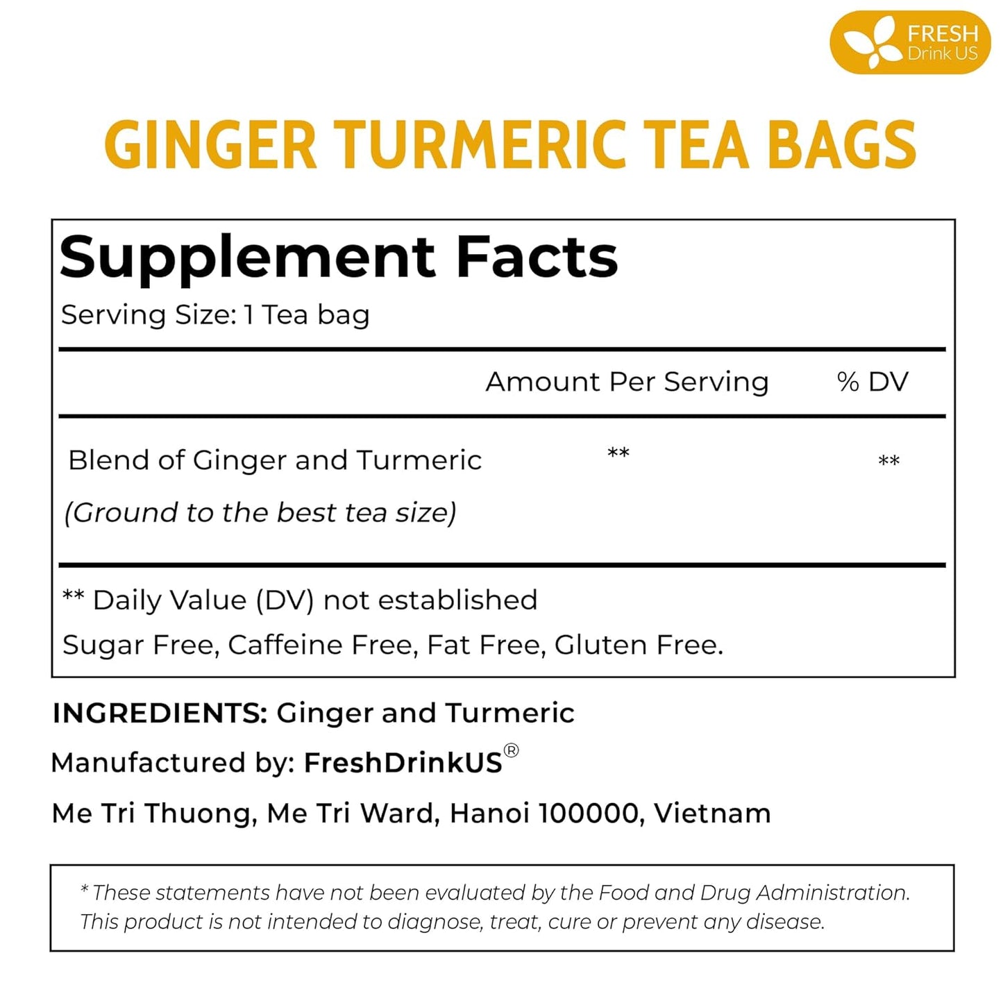 FreshDrinkUS, Premium 45 Ginger Turmeric Tea Bags, 100% Natural Ingredients, Hand-made Blend of Ginger and Turmeric Herbal Tea, Eco-conscious Tea Bags. No Sugar, No Caffeine, No Gluten, Vegan.