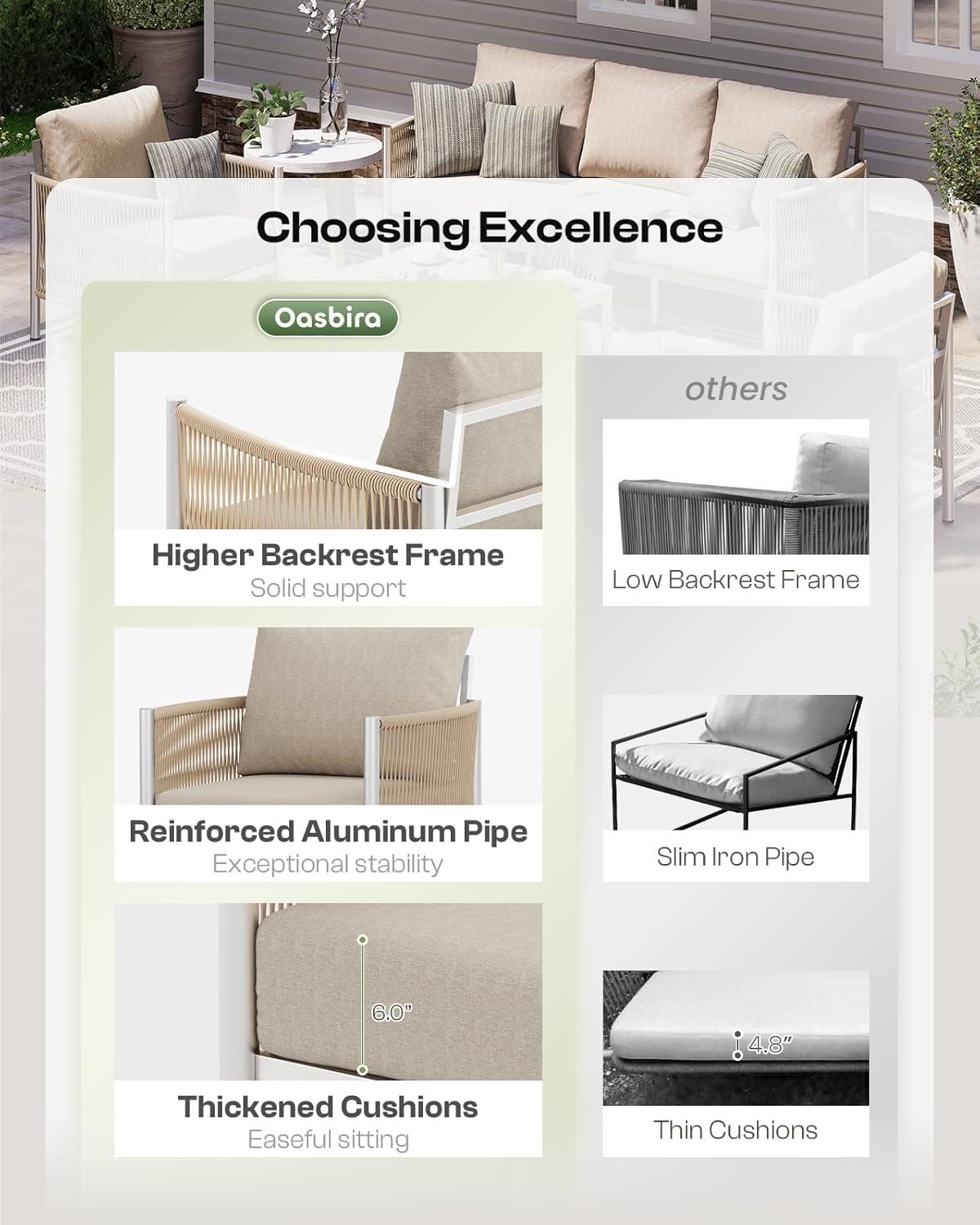 Aluminum Outdoor Sofa Armchair, HDPE Rope Patio Couch with Washable Thick Cushion, All-Weather Outdoor Patio Chairs Set of 2 for Balcony, Yard, Silver Frame, Beige