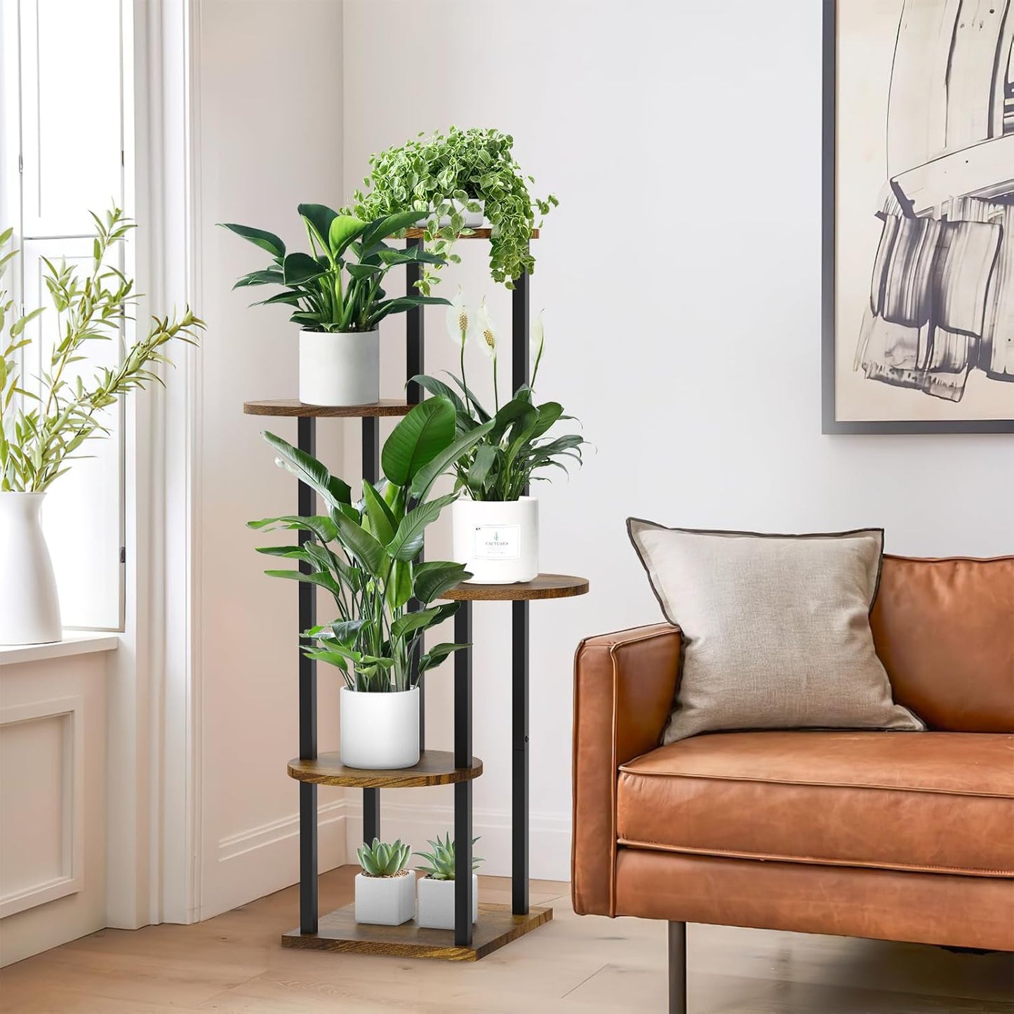 5 Tier Plant Stand Indoor, Metal Wooden Tall Plant Shelf Flower Pot Stand for Multiple Plants, Corner Flower Holder Plant Display Rack for Living Room Balcony Patio Garden (Rustic Brown)