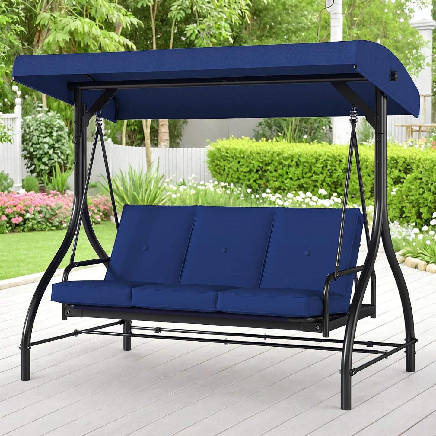 MAMIZO 3-Seat Patio Swing with Adjustable Canopy & Backrest, Outdoor Porch Swing Chair for Adults, Outside Porch Converting Bed Thickened Removable Cushions, 2mm Steel Pipe, for Garden, 750LBS