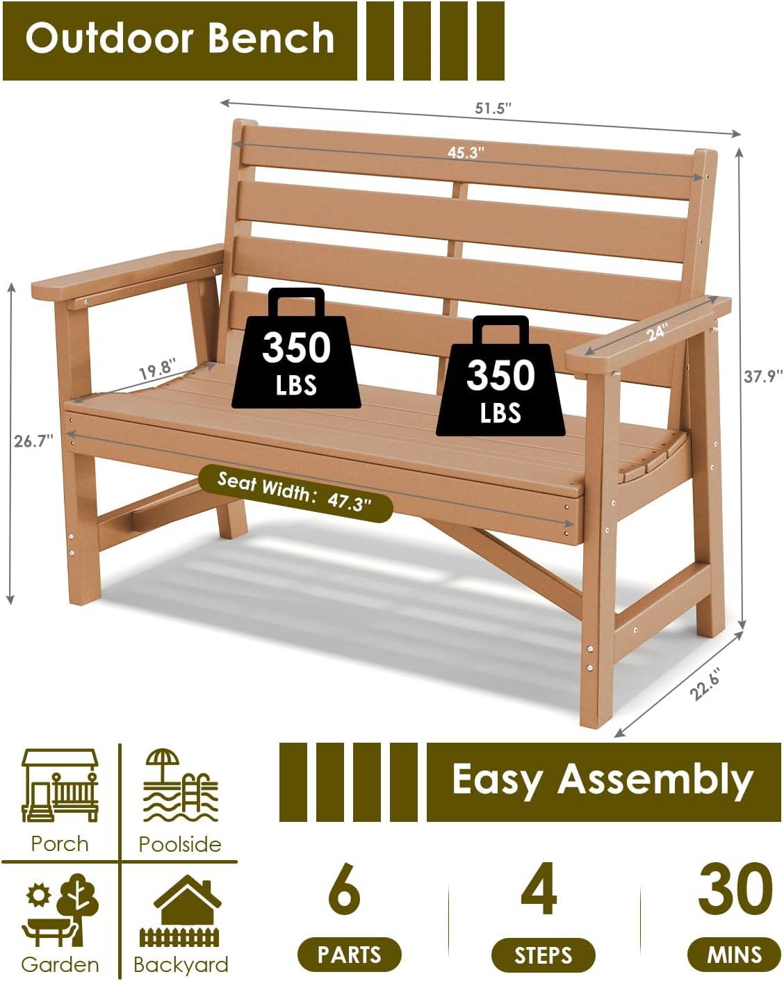 GREENVINES Outdoor Bench | 51.5’’ | HDPE | Garden Benches | Weatherproof | for Outdoors Patio Park Porch Outside Backyard | 2-Person | Teak