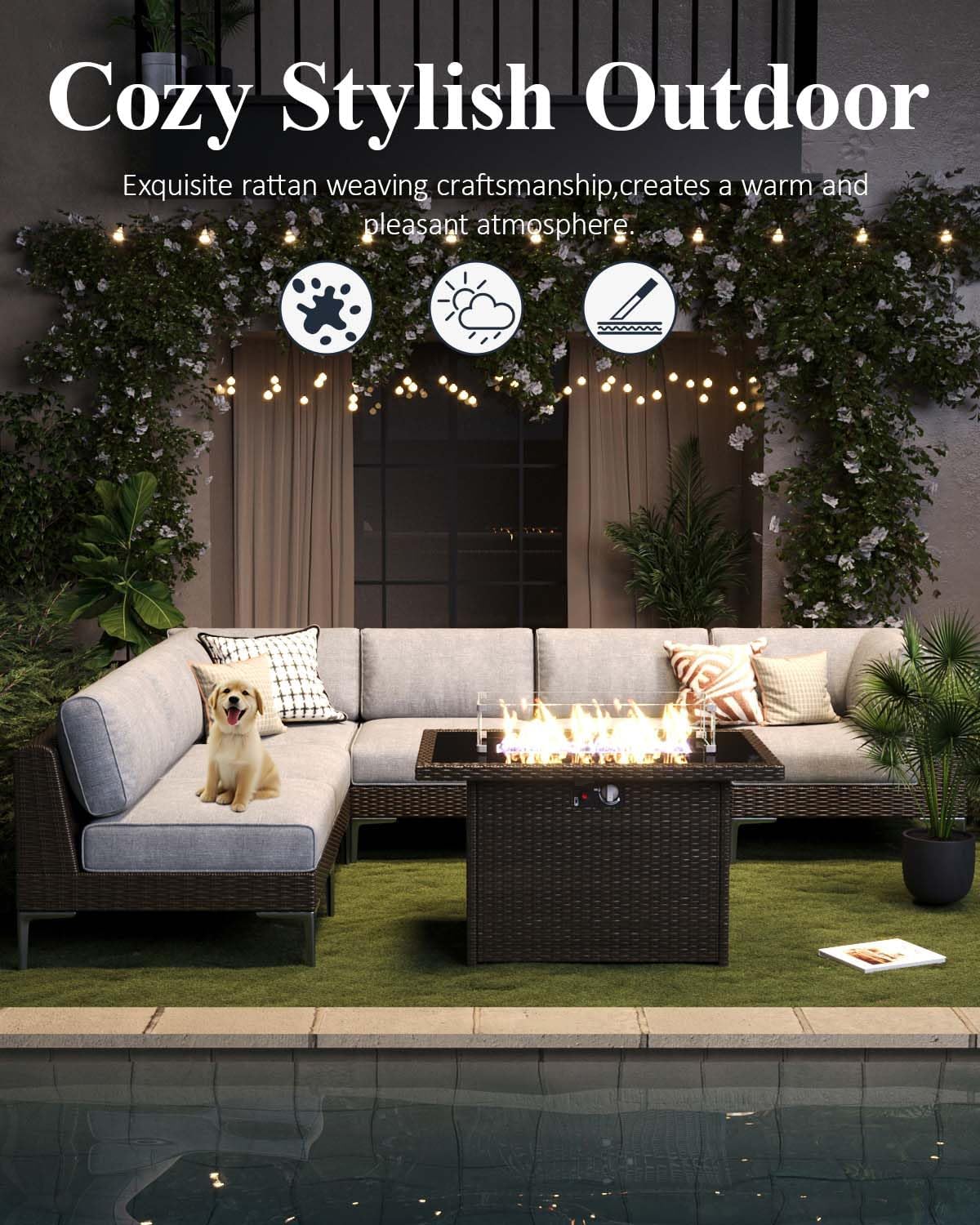 LayinSun 7-Piece Outdoor Modular Wicker Sectional Sofa with Fire Pit Table, Patio Furniture Conversation Set with Deep Seating and Thick Cushions