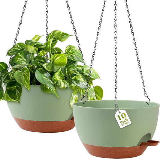 GARDIFE Hanging Planters for Indoor Outdoor Plants, 2 Pack Self Watering Hanging Pot with Drainage Holes & Removable Tray (Green, 10 inch)
