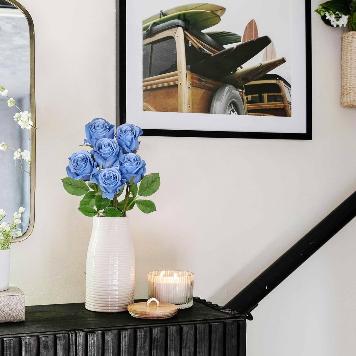 Briful Blue Roses Artificial Flowers– 6PCS 18.9" Faux Rose Silk Flowers with Long Stems Realistic Fake Rose Bouquet for DIY Wedding Arrangements Table Vase Centerpieces Home Event Decor