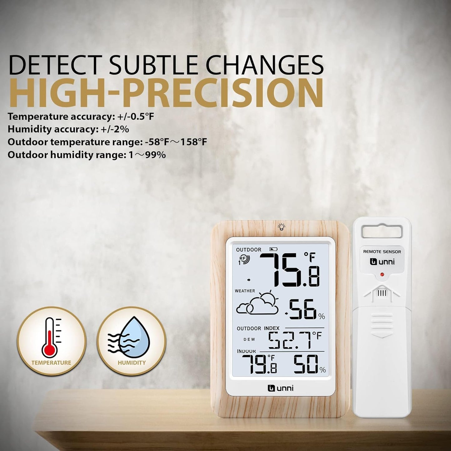 Indoor Outdoor Thermometer Wireless Weather Station, Temperature Humidity Monitor Battery Powered Inside Outside Thermometers with 330ft Range Remote Sensor and Backlight Display（Wood）
