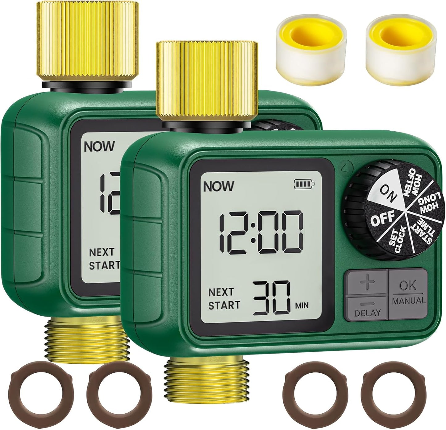 2 PCS Sprinkler Timers Brass, Programmable Water Timer with Rain Delay, Manual& Automatic Watering System for Garden Hose Faucet, Waterproof Irrigation Controller Watering Lawn Evenly& Efficiently