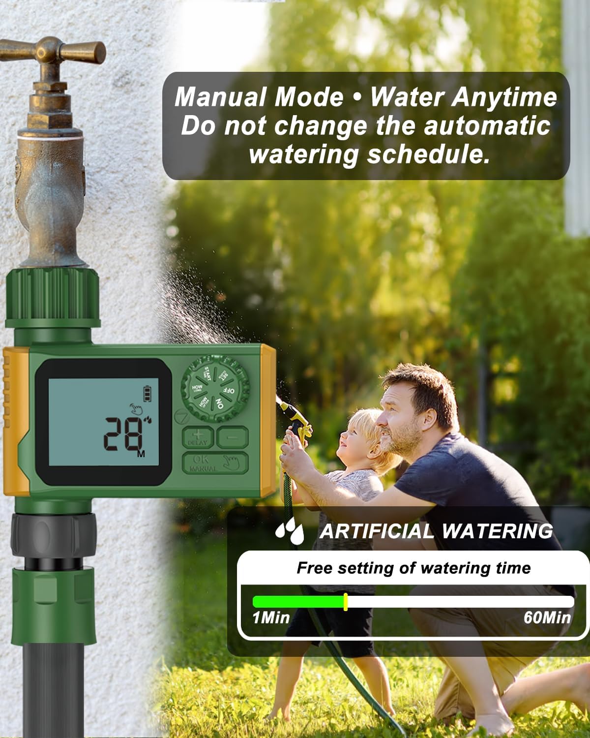 Programmable Sprinkler Timer, Irrigation Water Timer with Digital for Garden Soaker Hose, Rain Delay/Manual/Automatic Watering System for Outdoor, Yard, Lawn, 1 Outlet Green/Yellow