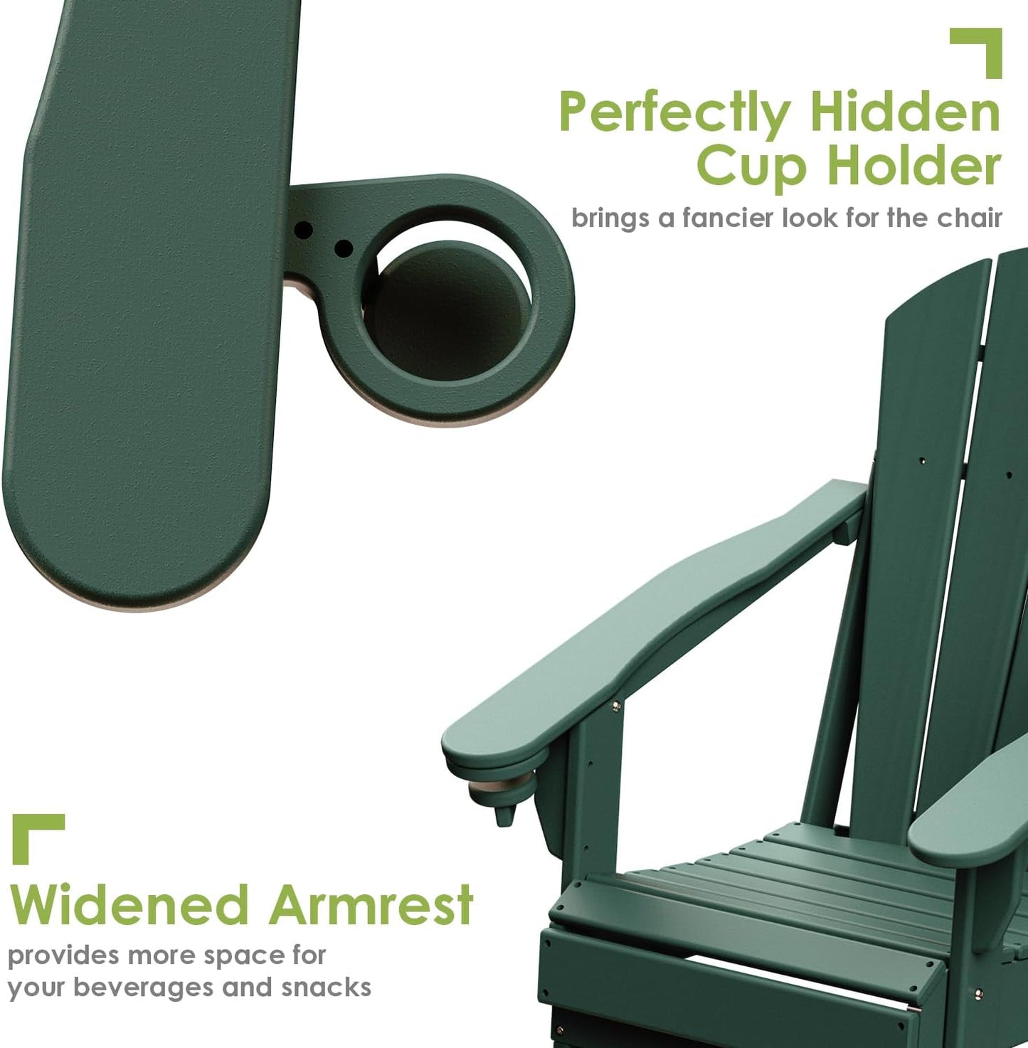 GREENVINES Folding-Adirondack-Chairs-Set-of-4 | HDPE Plastic | Fire Pit Chair | All Weather | Cup Holder | Forest | for Deck Backyard Patio Outdoor Garden