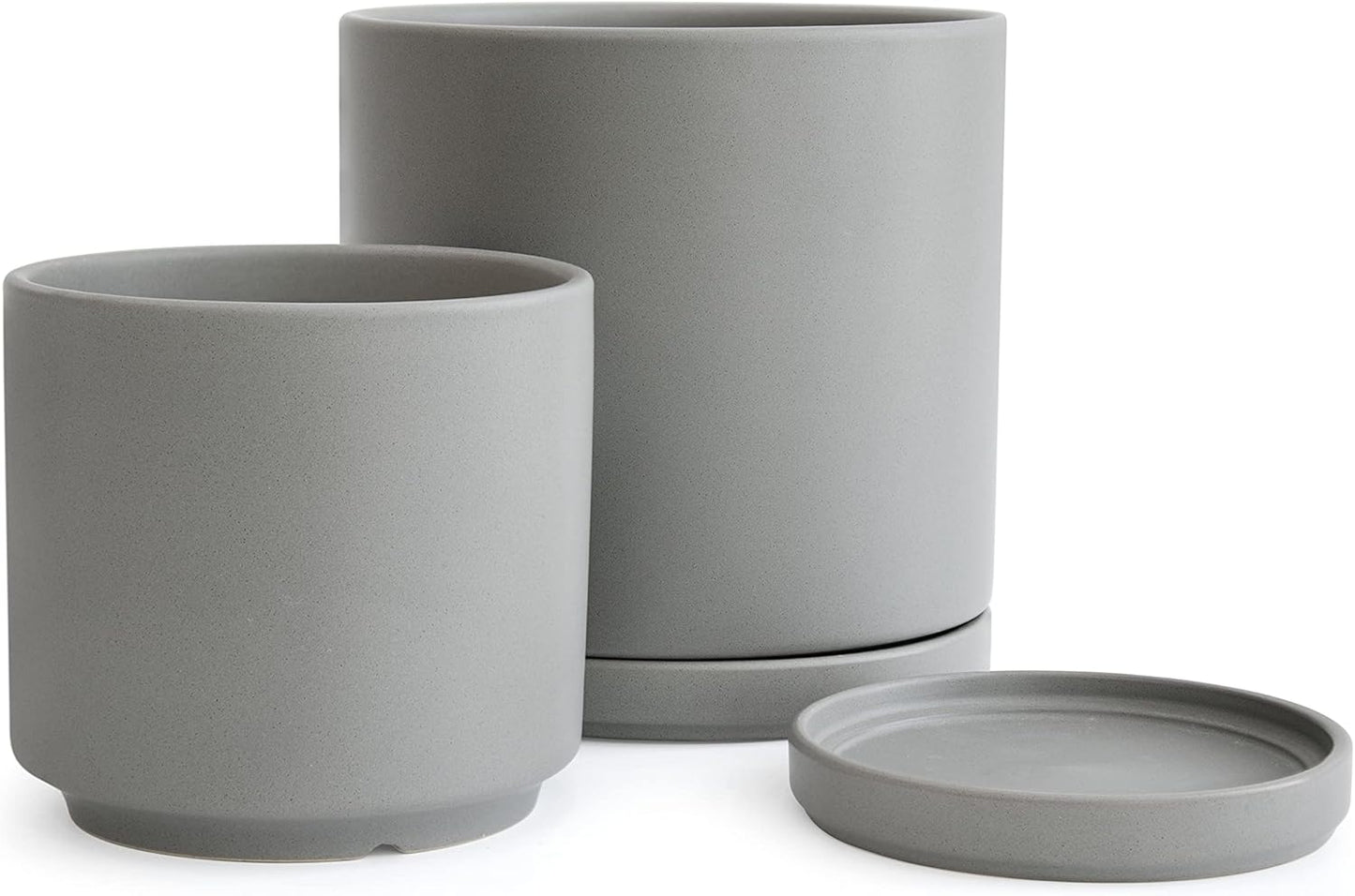 D'vine Dev 6 Inch & 8 Inch Ceramic Planter Pots for Plants with Drainage Hole and Saucer, Medium Plant Pots Set, Grey, 94-G-M-3