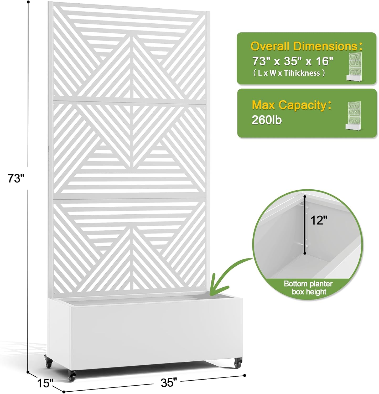 FENCY Metal Raised Garden Bed with Wheels and Trellis,73"x35"x16" Planter Box for Climbing Plants, Vegetables & Vines, Features Privacy Screen and Drainage Holes (White-Modern)