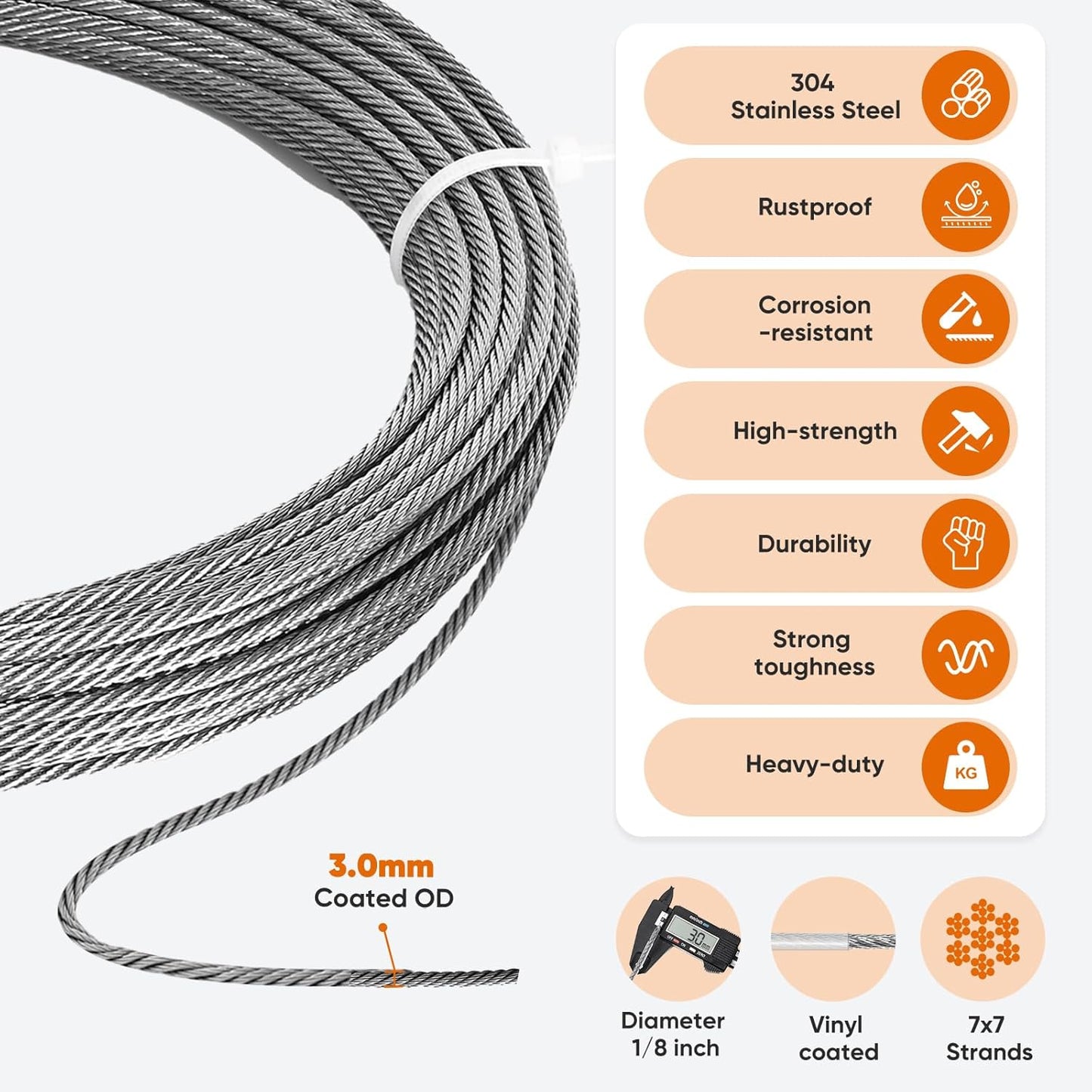 164FT 1/8" Stainless Steel Cable Kit with Wire Rope Crimping Tool and Cable Cutter, Turnbuckle Wire Tensioner Kit, 7x7 Strands Aircraft Cable for Deck Railing, Porch Fence, String Light