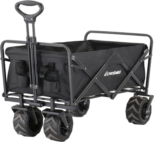 EchoSmile Heavy Duty 350 Lbs Capacity Collapsible Wagon, Outdoor Folding Camping Wagons, Grocery Portable Utility Cart, Adjustable Rolling Carts, All Terrain Sports Wagon with Big Wheels by Boahaus