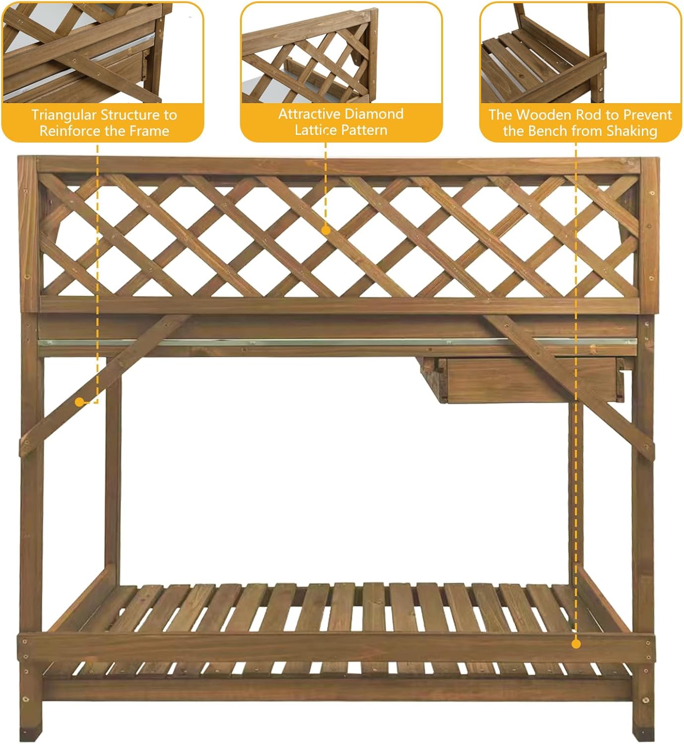 Garden Potting Bench with Metal Tabletop,Outdoor Potting Table Workstation Benches with Drawer/Storage Shelf，Fir Wood Potting Station Work Table with Open Shelf,Lattice Back (Brown)